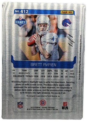 BRETT RYPIEN 2019 Panini Score RC AUTO PRINTING PLATE #1/1 Broncos Rams Seahawks