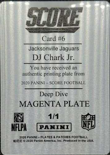 D. J. CHARK JR. 2020 Panini Score PRINTING PLATE SP #1/1 Jaguars Lions DJ One of