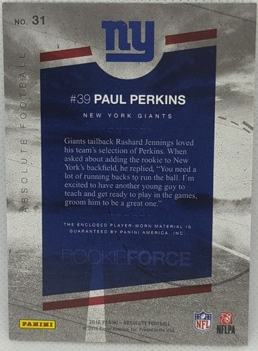 PAUL PERKINS 2016 Panini Absolute RC Rookie Force Jersey PATCH PRIME #4/5 Giants