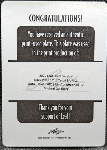 MICHAEL GULDBERG 2020 Leaf Draft Retail XRC RC PRINTING PLATE SP #1/1 Oakland As