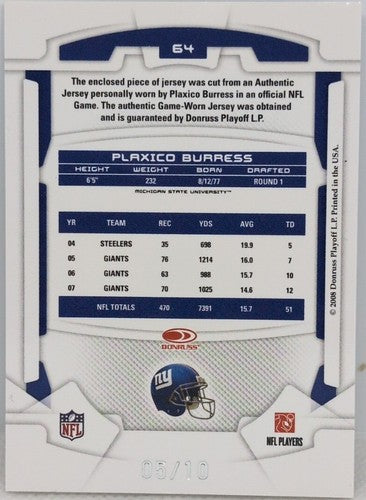 PLAXICO BURRESS 2008 Leaf Rookies & Stars Jersey PATCH SP #05/10 Giants Steelers