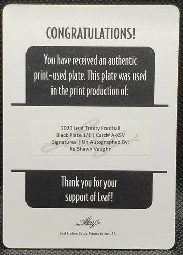 KE'SHAWN VAUGHN 2020 Leaf Trinity Signatures RC PRINTING PLATE SP 1/1 Buccaneers