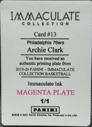 ARCHIE CLARK 2019-20 Panini Immaculate Ink PRINTING PLATE SP #1/1 76ers One of