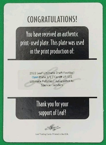 SPENCER SANDERS 2022 Leaf Ultimate Draft AUTO PRINTING PLATE 1/1 Ole Miss Rebels