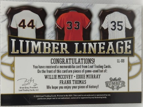 Frank THOMAS Willie McCOVEY Eddie MURRAY 2022 Leaf Lumber TRIPLE BAT PATCH Relic