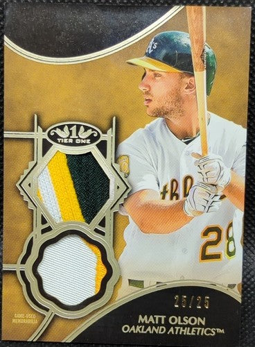 MATT OLSON 2019 Topps Tier One 1 DUAL Game Used JERSEY PATCH Relic SP #25/25 A's
