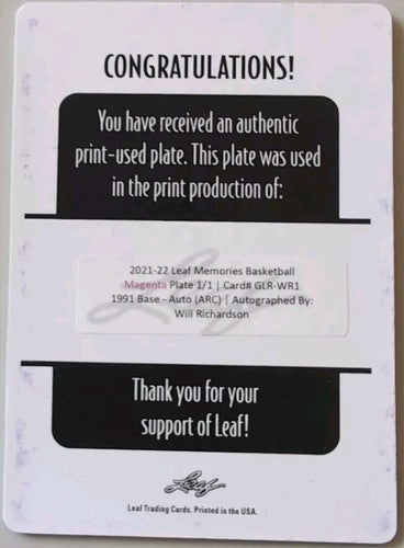 WILL RICHARDSON 2021-22 Leaf Memories 1991 RC AUTO PRINTING PLATE SP 1/1 Nuggets