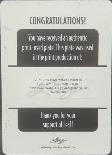 JORDAN HALL 2021-22 Leaf Memories 1991 RC AUTO PRINTING PLATE SP #1/1 One of