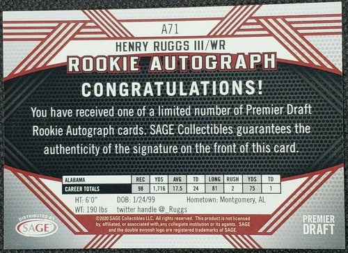 HENRY RUGGS III 2020 Sage Hit Premier Draft GOLD RC AUTO SP /200 Raiders Alabama