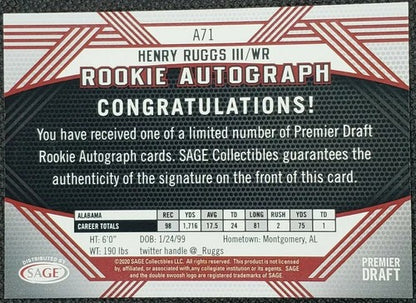 HENRY RUGGS III 2020 Sage Hit Premier Draft GOLD RC AUTO SP /200 Raiders Alabama