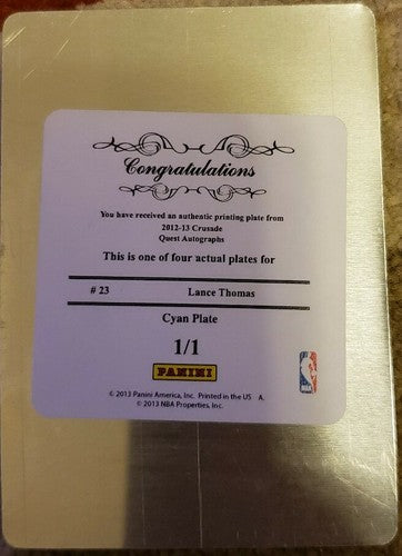 LANCE THOMAS 2012-13 Crusade Quest Autographs PRINTING PLATE SP 1/1 of 1 Hornets
