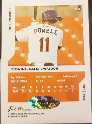 BILL ROWELL 2008 Just Minors Rookie Signature AUTO #3/5 Baltimore Orioles Billy