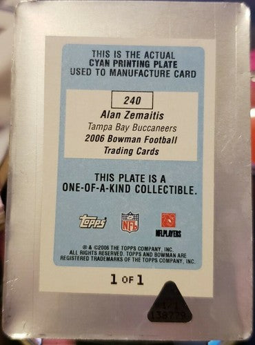 ALAN ZEMAITIS 2006 Topps Bowman RC PRINTING PLATE SP #1/1 Buccaneers Penn State