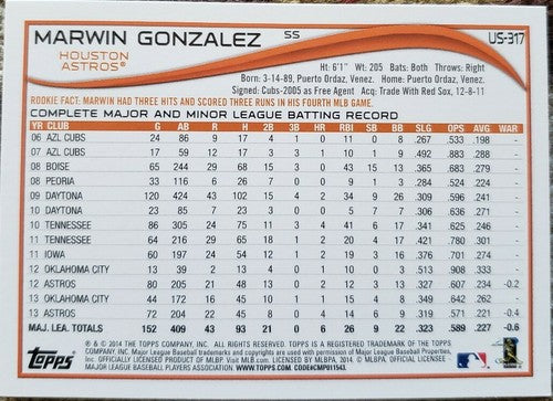 MARWIN GONZALEZ 2014 Topps Update SPARKLE Short Print SP Photo Variation Astros