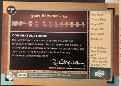 GABY SANCHEZ 2012 Upper Deck UD SP Signature Edition AUTO Florida Miami Marlins