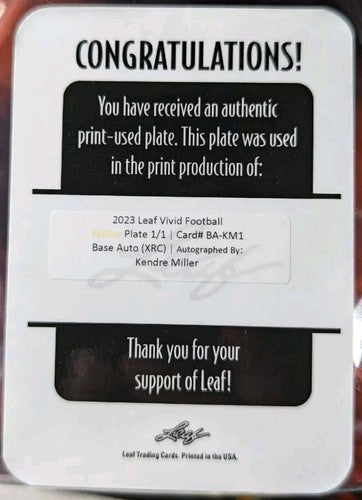 KENDRE MILLER 2023 Leaf Vivid RC AUTO PRINTING PLATE 1/1 Saints TCU Horned Frogs