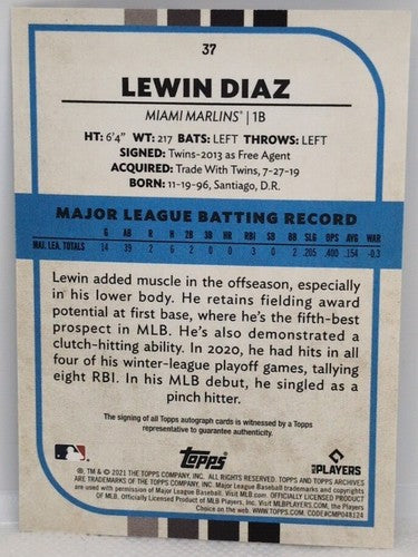 LEWIN DIAZ 2021 Topps Archives Snapshots RC AUTO SP Miami Marlins Orioles #37