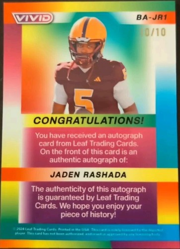 JADEN RASHADA 2024 Leaf Vivid AUTO YELLOW PRISMATIC #10/10 ASU Georgia Bulldogs