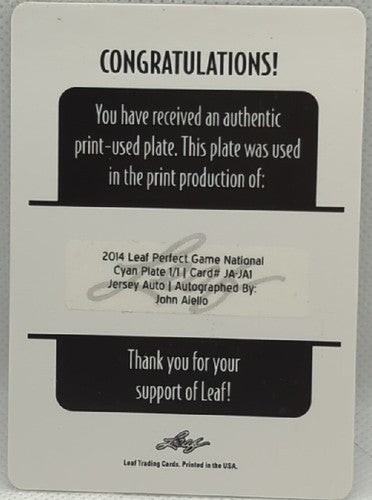 JOHN AIELLO 2014 Leaf Perfect Game RC AUTO PRINTING PLATE SP #1/1 Blue Jays of