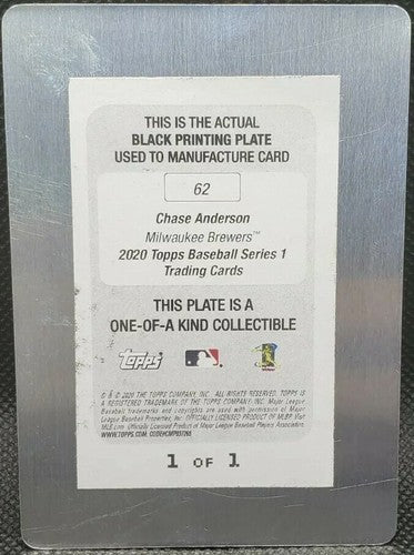 CHASE ANDERSON 2020 Topps Series One of PRINTING PLATE SP #1/1 Brewers Phillies