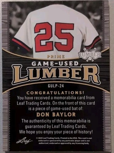 DON BAYLOR 2024 Leaf Lumber Game-Used BAT BARREL PATCH PRIME #2/5 Angels Yankees