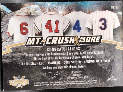 Stan MUSIAL Harmon KILLEBREW 2021 Lumber QUAD BAT PATCH Duke SNIDER Jersey #4/25
