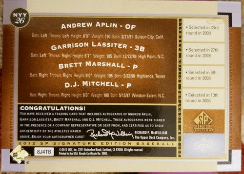 Brett MARSHALL D.J. MITCHELL APLIN LASSITER 2012 SP Signature QUAD AUTO Yankees