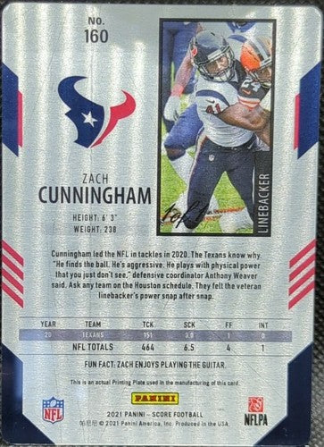 ZACH CUNNINGHAM 2021 Panini Score PRINTING PLATE SP #1/1 Texans Titans One of