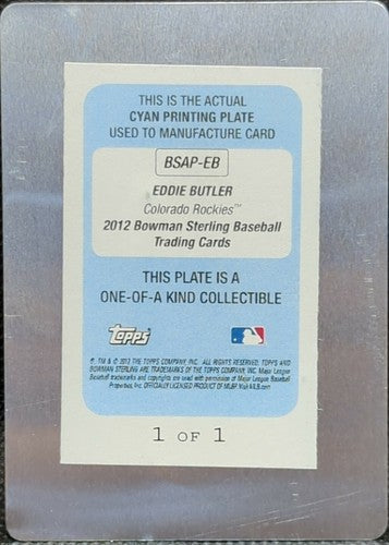 EDDIE BUTLER 2012 Topps Bowman Sterling AUTO PRINTING PLATE #1/1 Rockies One of
