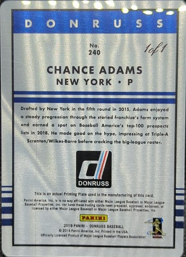 CHANCE ADAMS 2019 Panini Donruss RC PRINTING PLATE SP #1/1 Yankees Royals One of