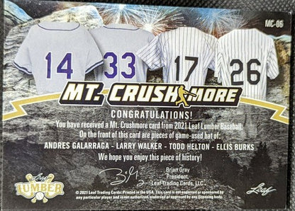 Todd HELTON WALKER Ellis BURKS GALARRAGA 2021 Leaf Lumber QUAD Game Used BAT /15