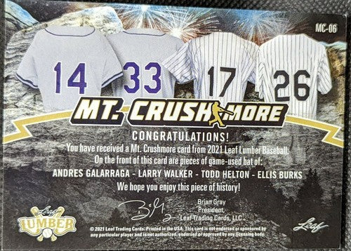 Todd HELTON WALKER Ellis BURKS GALARRAGA 2021 Leaf Lumber QUAD Game Used BAT /15