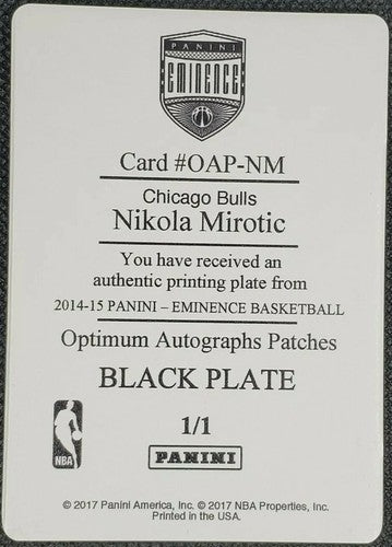 NIKOLA MIROTIC 2014-15 Panini Eminence RC PRINTING PLATE SP #1/1 Bulls Pelicans