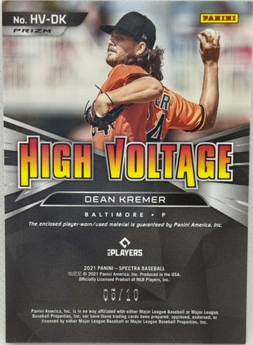 DEAN KREMER 2021 Panini Spectra Worn Used Jersey BUTTON GOLD PRIZM #5/10 Orioles