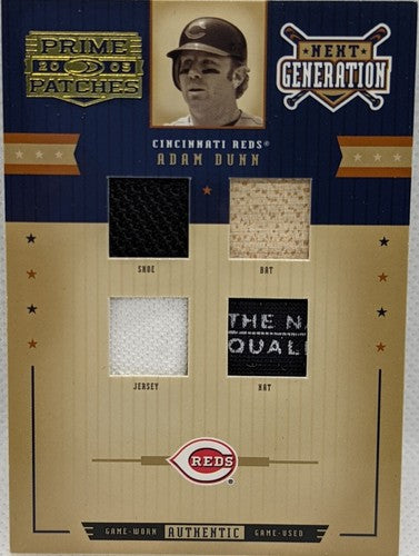 ADAM DUNN 2005 Donruss Prime Patches QUAD Shoe Bat Jersey Hat Laundry Tag # Reds