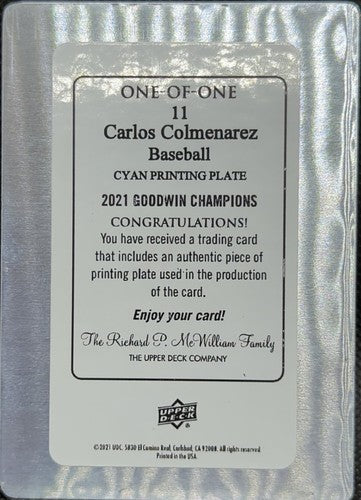 CARLOS COLMENAREZ 2021 UD Goodwin Champions RC PRINTING PLATE SP 1/1 Rays One of