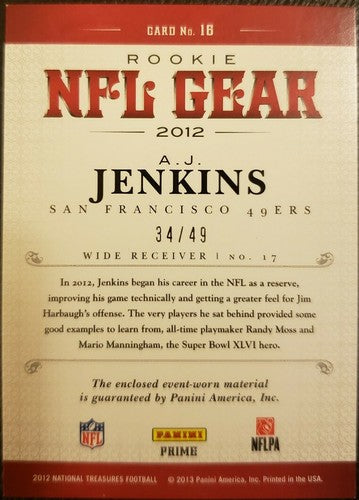 A.J. JENKINS 2012 National Treasures DUAL LAUNDRY TAG Jersey Patch #/49 AJ 49ers