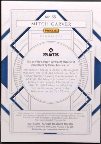 MITCH GARVER 2021 Panini National Treasures Jersey BUTTON PATCH RED SP #/8 Twins