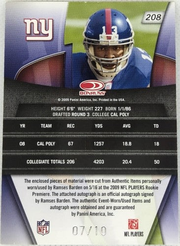 RAMSES BARDEN 2009 Donruss Gridiron Gear DUAL AUTO BALL JERSEY PATCH #/10 Giants