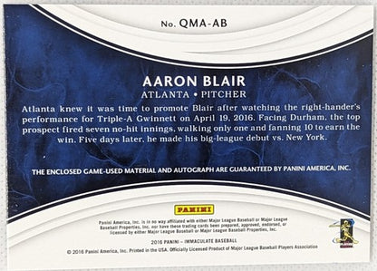 AARON BLAIR 2016 Panini Immaculate AUTO QUAD Game Used Jersey PATCH #7/10 Braves