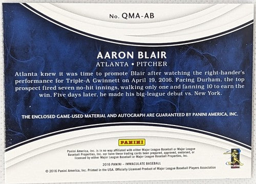 AARON BLAIR 2016 Panini Immaculate AUTO QUAD Game Used Jersey PATCH #7/10 Braves