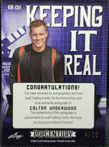 COLTON UNDERWOOD 2021 Leaf Pop Century Keeping It Real AUTO PURPLE #/20 Bachelor