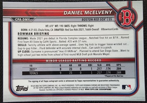 DANIEL McELVENY 2022 Topps Bowman Chrome RC Prospect 1st AUTO Boston Red Sox DMY