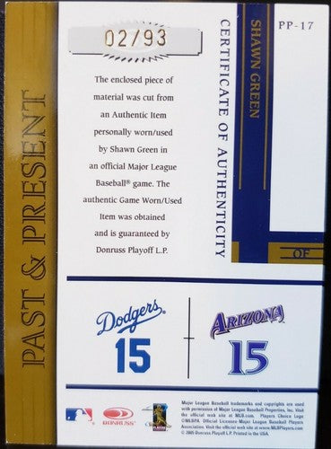 SHAWN GREEN 2005 Donruss Prime Patches Game Used Jersey Number PATCH /93 Dodgers