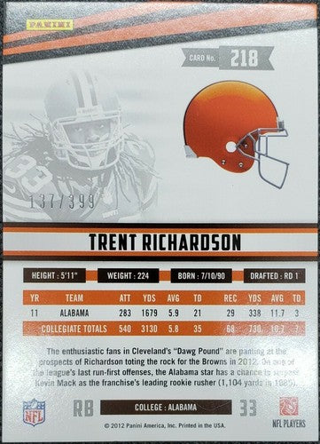 ð TRENT RICHARDSON 2012 Panini Rookies & Stars True Blue JUMBO JERSEY Relic SP