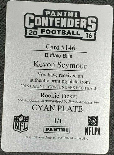 KEVON SEYMOUR 2015 Panini Contenders RC Ticket AUTO PRINTING PLATE SP #1/1 Bills