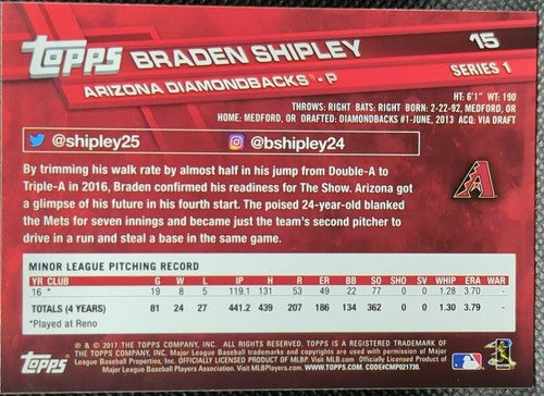 BRADEN SHIPLEY 2017 Topps Series One All-Star Game 2018 Transcendent VIP SP #1/1