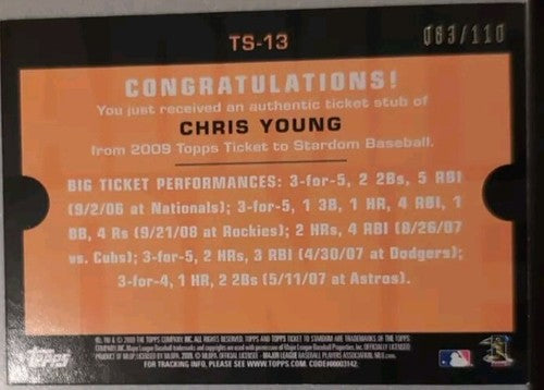 CHRIS YOUNG 2009 Topps Ticket To Stardom JUMBO STUB PATCH SP #/110 Diamondbacks