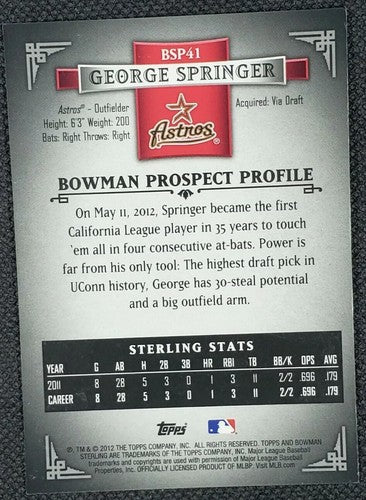 GEORGE SPRINGER 2012 Bowman Sterling Prospect RED RC Rookie 1/1 Missing Stamp SP