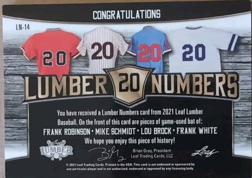Mike SCHMIDT Lou BROCK Frank ROBINSON WHITE 2021 Leaf Lumber QUAD BAT PATCH #7/9